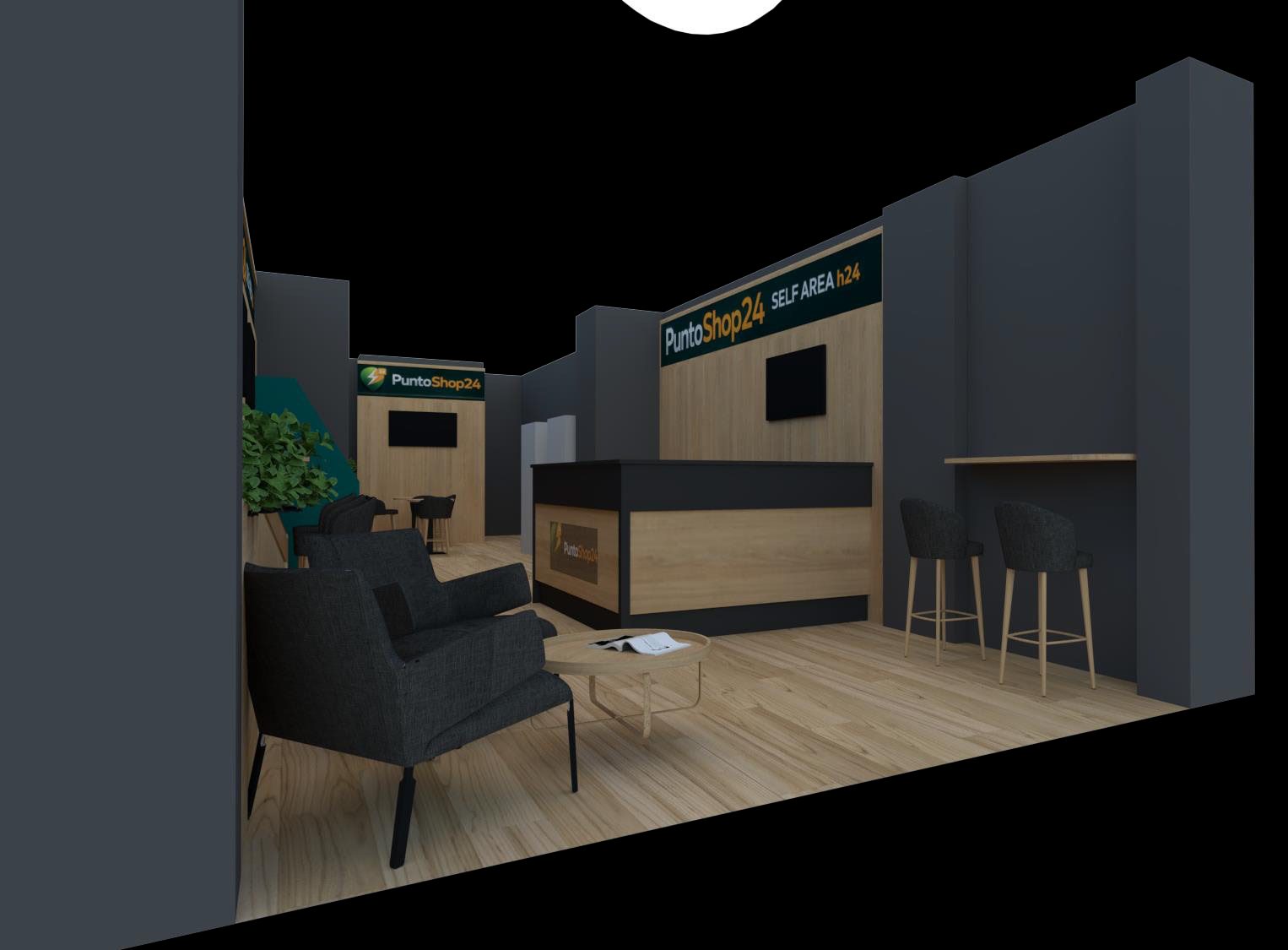 Parete istituzionale servizi PuntoShop24 con illuminazione