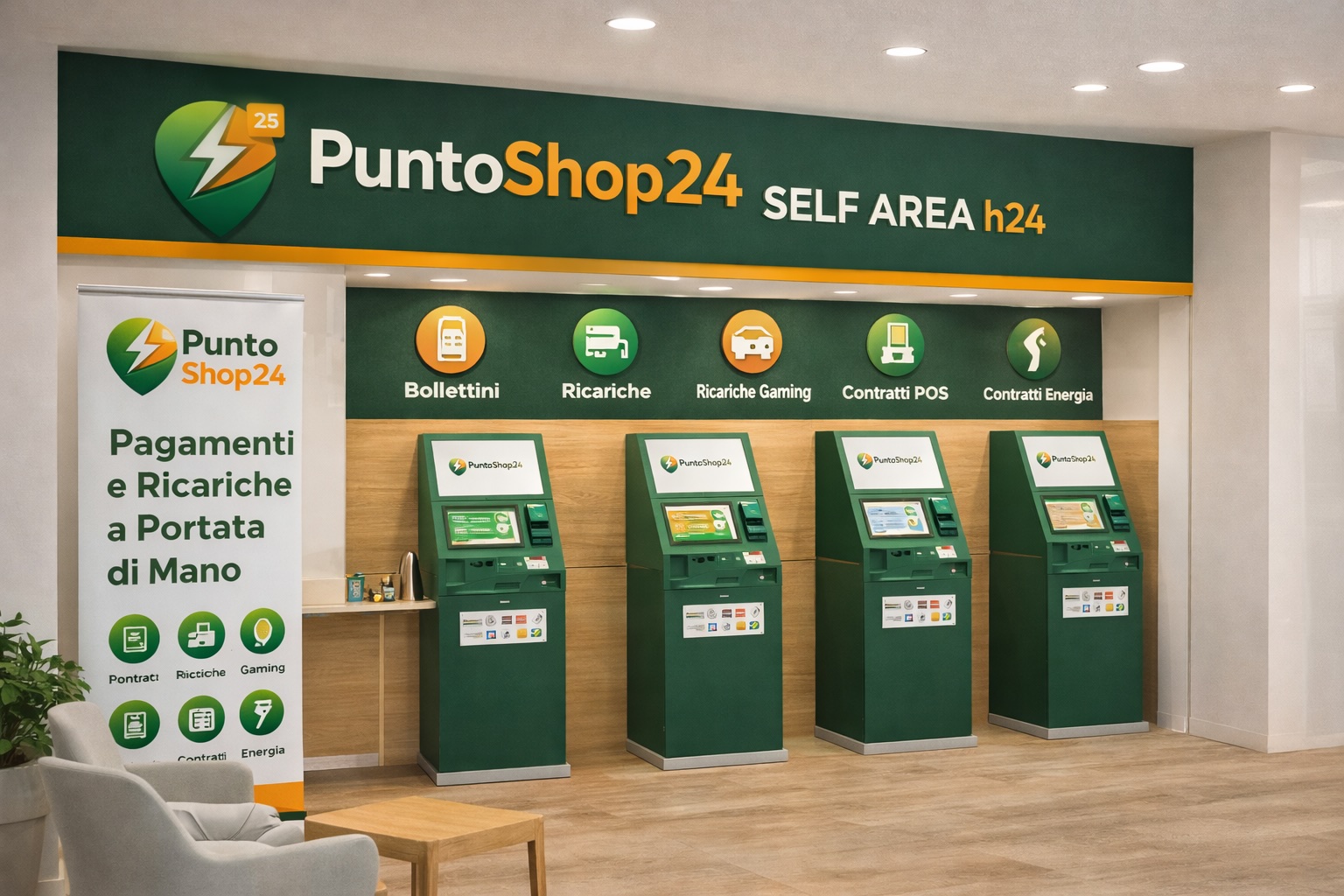 Area self-service PuntoShop24 con totem e postazioni digitali